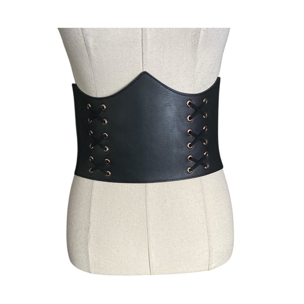 Black faux leather lace-up corset high waisted belt with an elastic panel